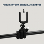 Trépied téléphone CosyPod Flex Mini fixé sur un tube grâce à ses pieds flexibles, démontrant sa polyvalence et sa stabilité d'ancrage.