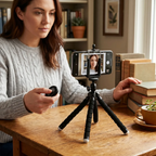 Femme utilisant le trépied téléphone CosyPod Flex Mini sur son bureau de travail pour un appel vidéo.