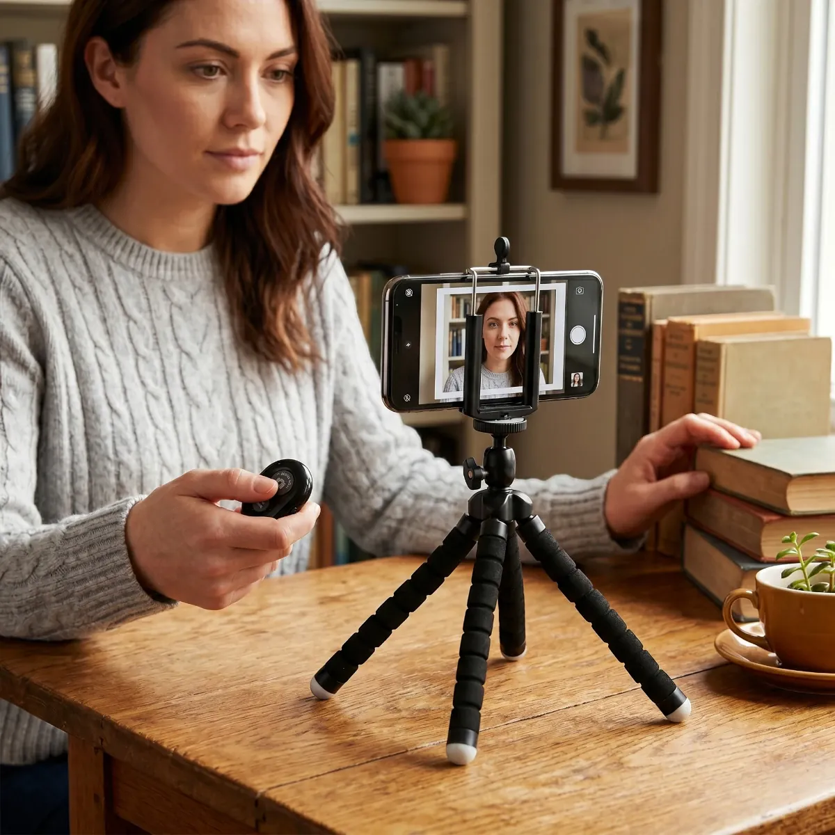 Femme utilisant le trépied téléphone CosyPod Flex Mini sur son bureau de travail pour un appel vidéo.