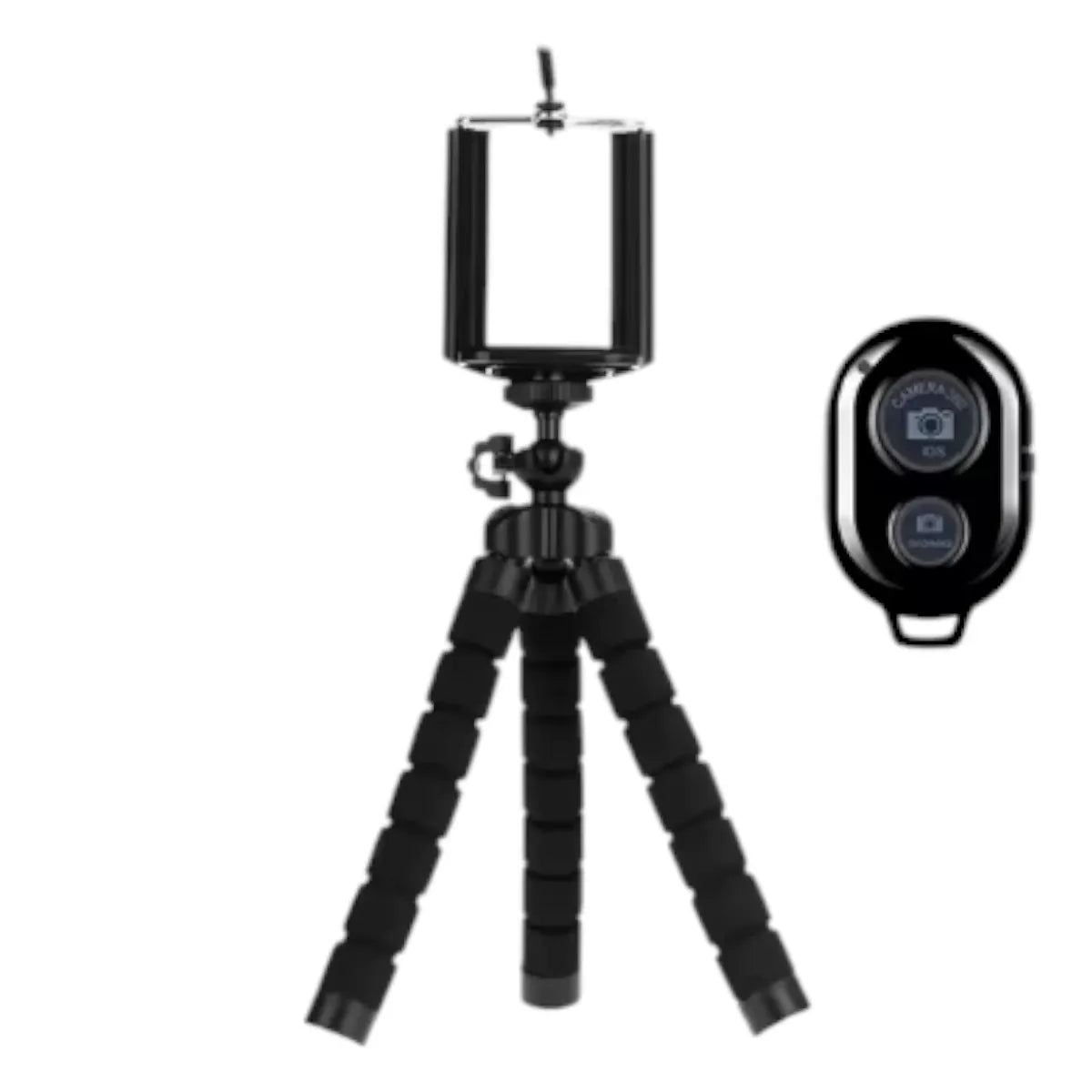Trépied téléphone CosyPod Flex Mini de couleur noire avec sa télécommande Bluetooth, idéal pour un setup bureau.