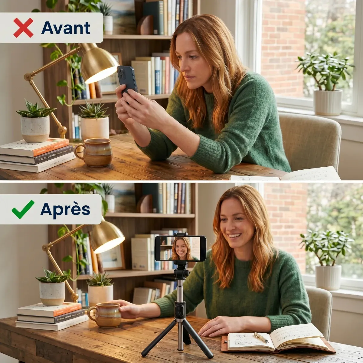 Comparatif avant et après utilisation du Trépied Téléphone CosyStand H1 montrant la correction de la posture cervicale