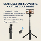 Infographie listant les caractéristiques du Trépied Téléphone CosyStand H1 dont le pivotement 360° et la tige renforcée