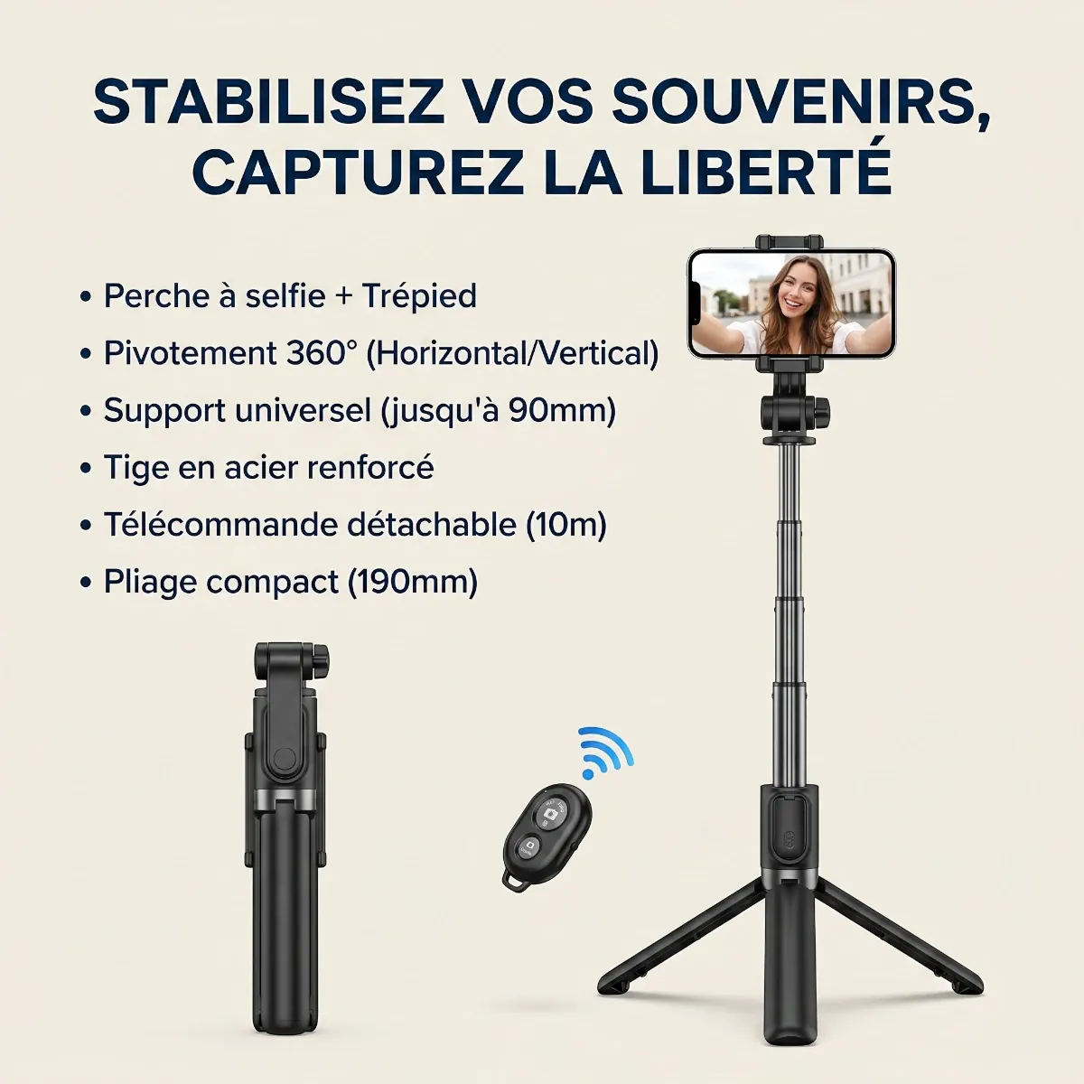 Infographie listant les caractéristiques du Trépied Téléphone CosyStand H1 dont le pivotement 360° et la tige renforcée