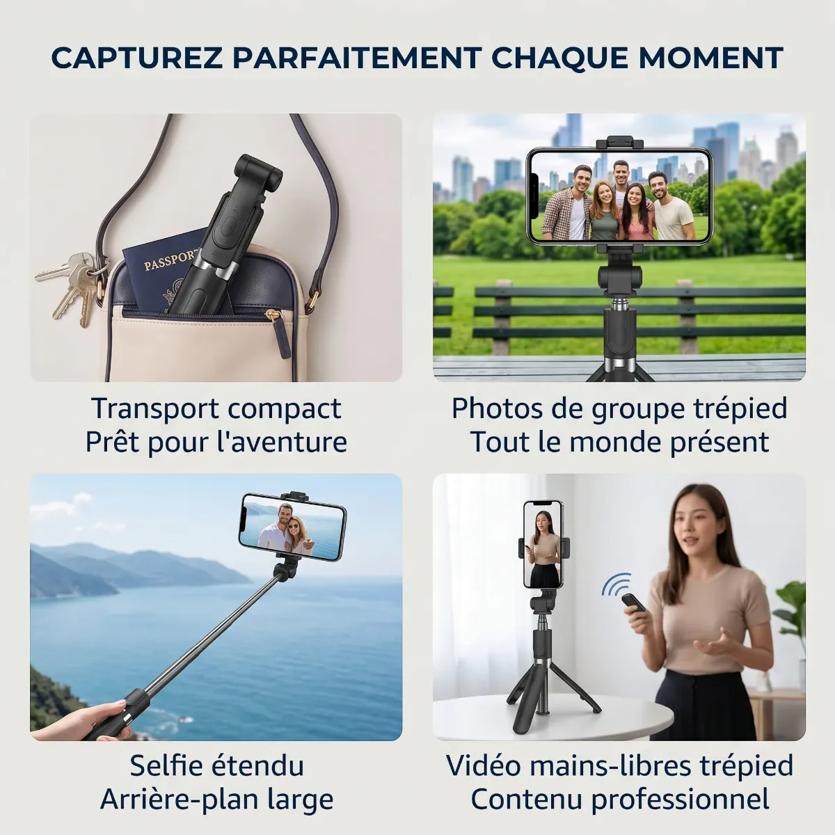 Quatre cas d'utilisation du Trépied Téléphone CosyStand H1 : voyage, photo de groupe, selfie étendu et vidéo mains libres