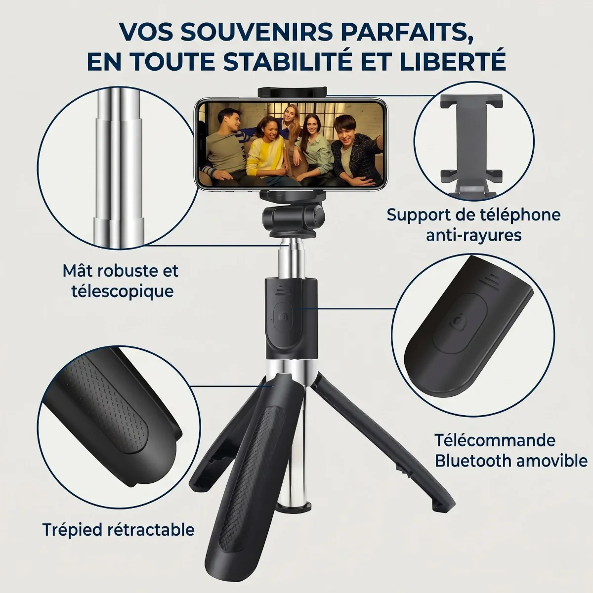 Zoom sur le mât télescopique robuste et le support anti-rayures du Trépied Téléphone CosyStand H1