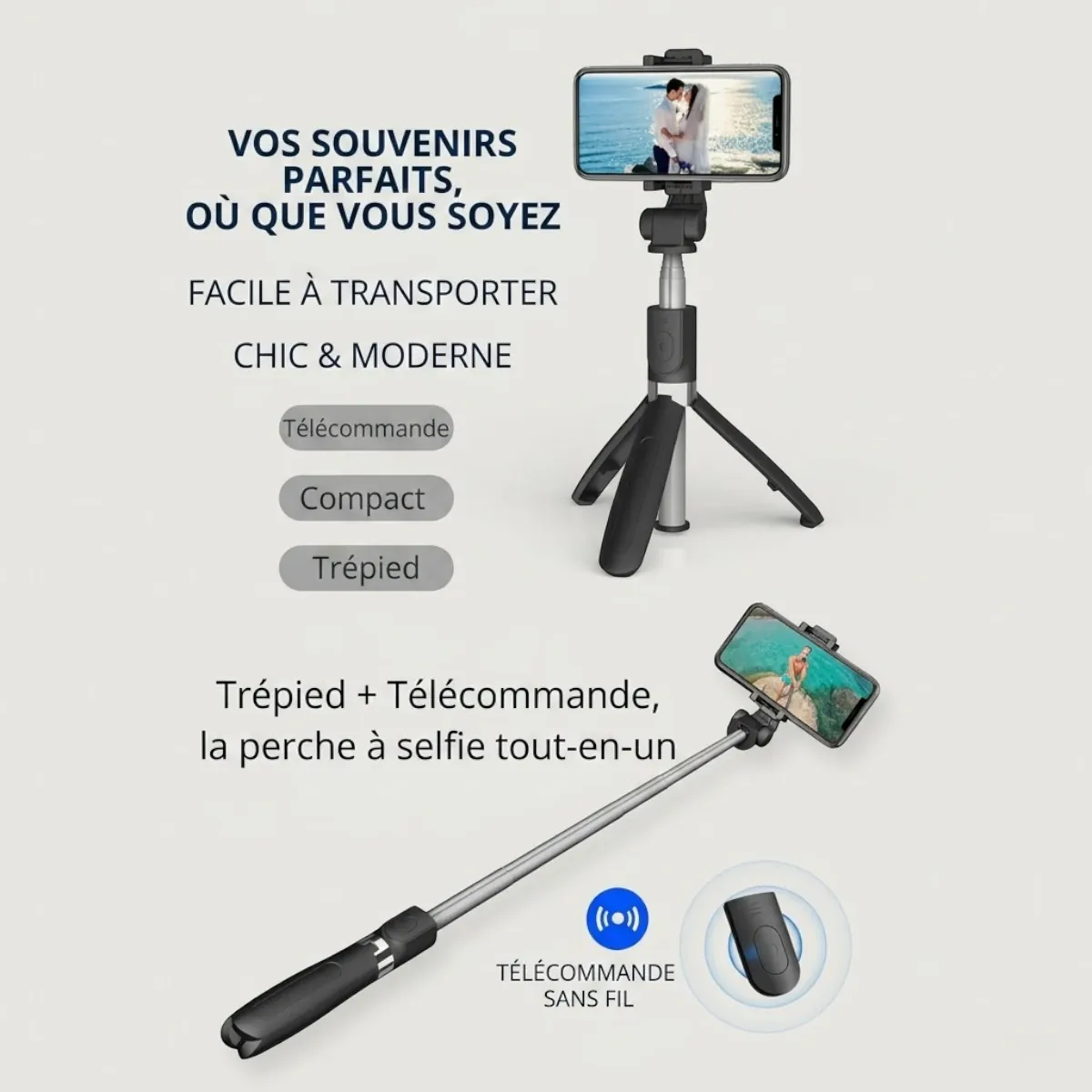 Illustration du design rétractable, ultra-compact et facile à transporter du Trépied Téléphone CosyStand H1