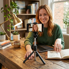 Femme souriante avec une posture ergonomique utilisant le Trépied Téléphone CosyStand H1 sur son bureau