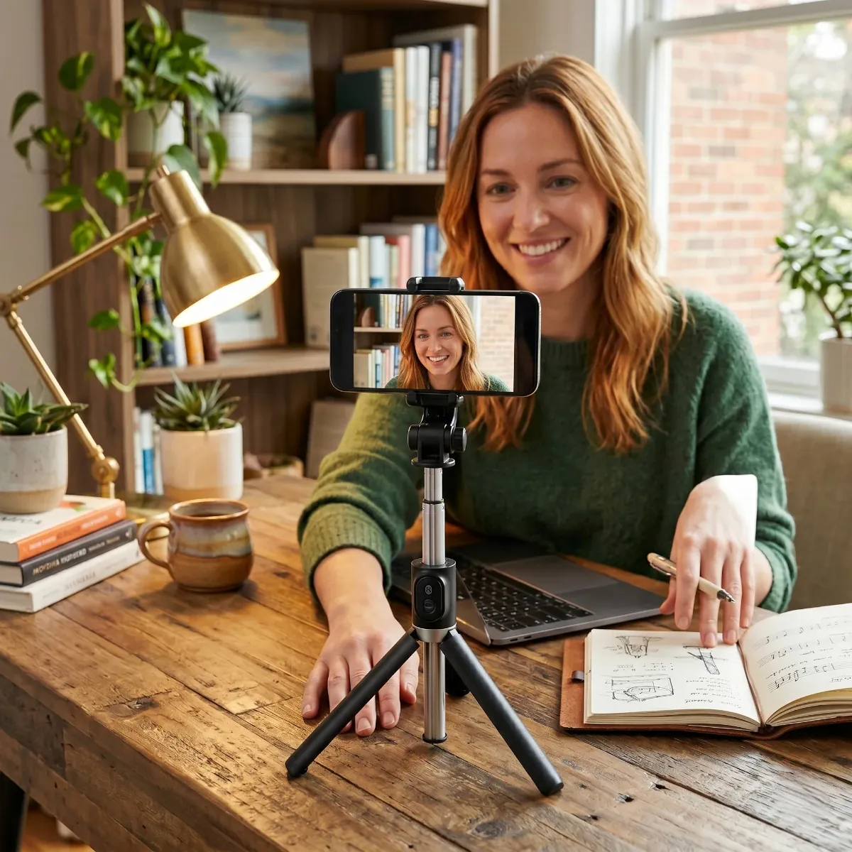 Femme souriante avec une posture ergonomique utilisant le Trépied Téléphone CosyStand H1 sur son bureau