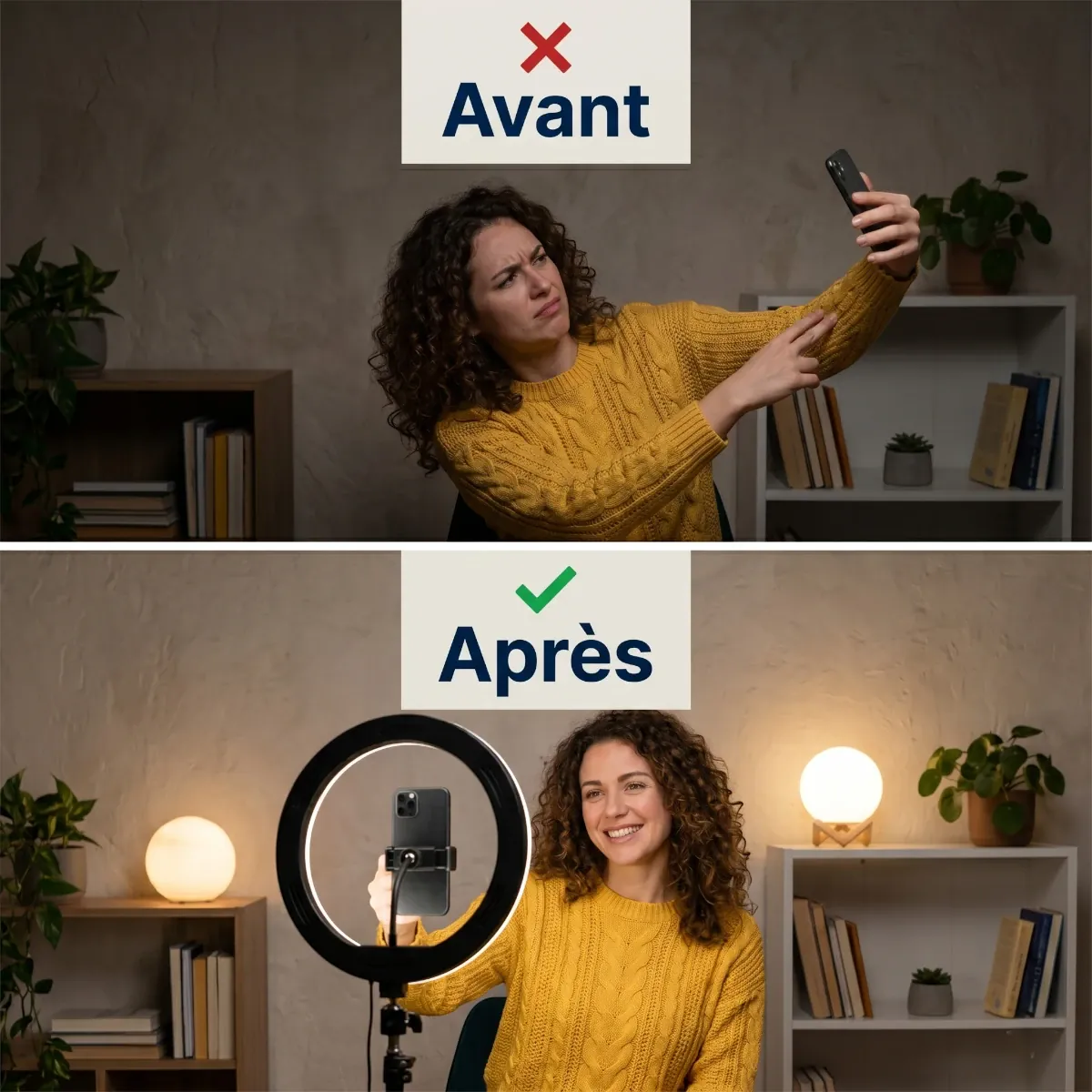 Comparaison avant et après : posture et éclairage améliorés avec le Trépied Téléphone HaloDesk