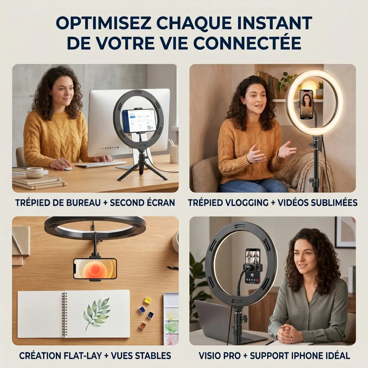 Les 4 utilisations du Trépied Téléphone HaloDesk : bureau, vlogging, flat-lay et visio