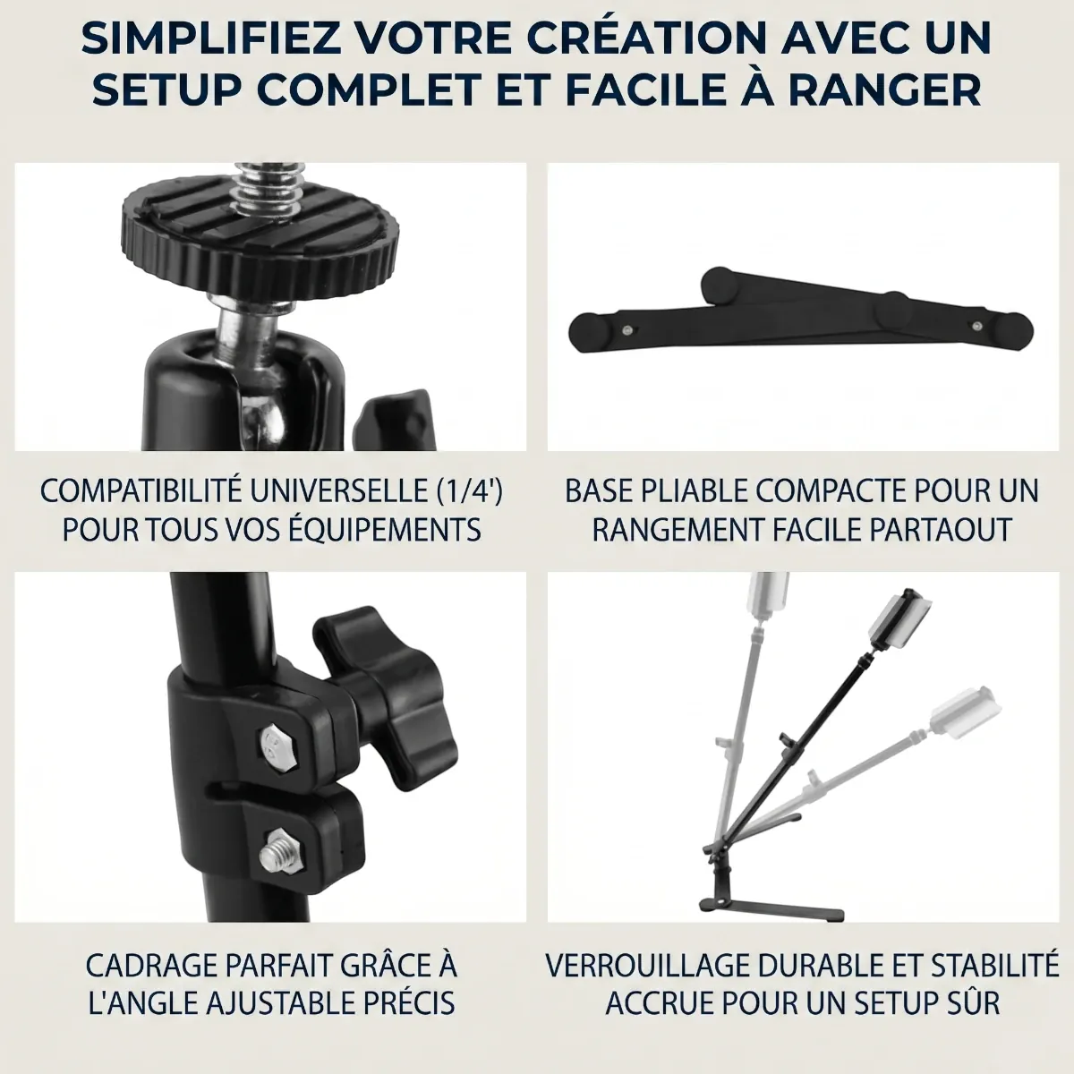Détails de la structure pliable et de la fixation du Trépied Téléphone HaloDesk
