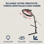 Dimensions de l'anneau LED et icônes des fonctionnalités du Trépied Téléphone HaloDesk