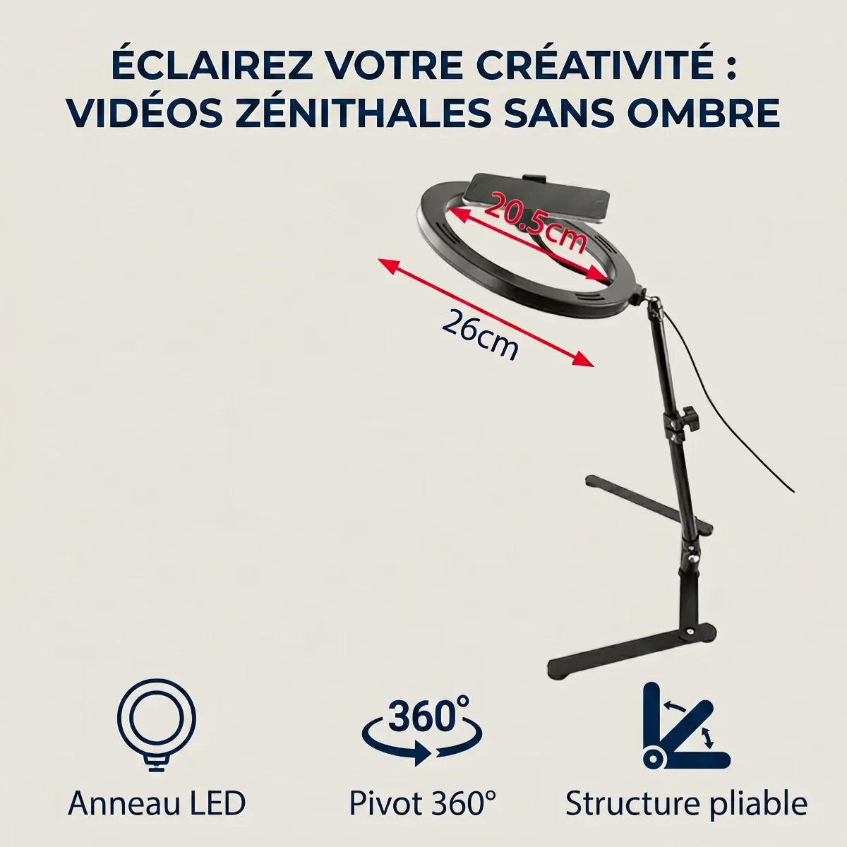 Dimensions de l'anneau LED et icônes des fonctionnalités du Trépied Téléphone HaloDesk