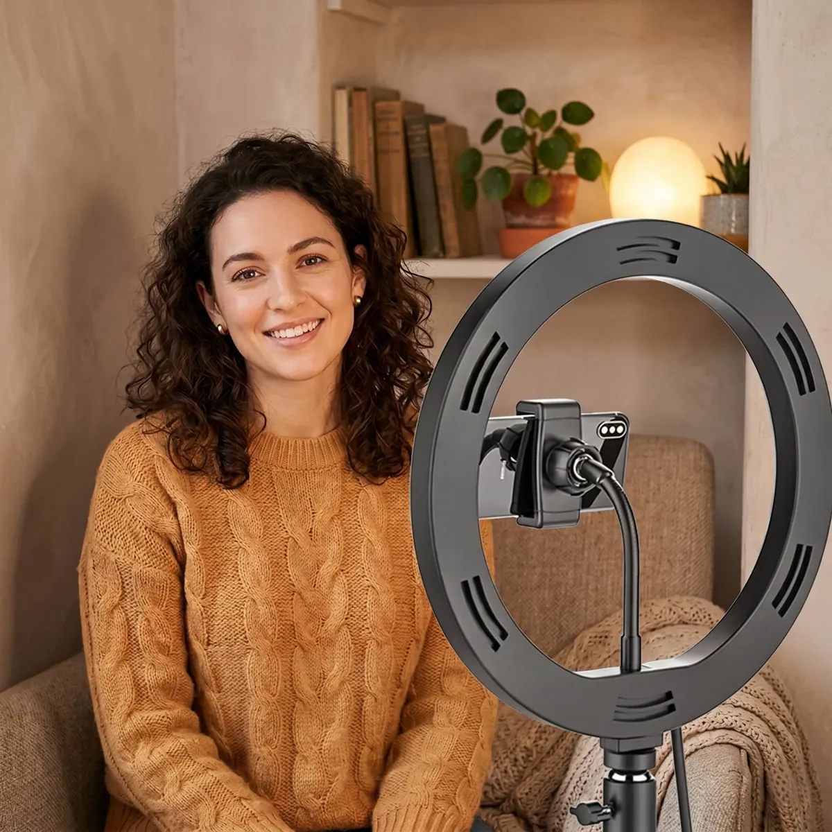 Femme souriante utilisant le Trépied Téléphone HaloDesk dans un environnement cosy