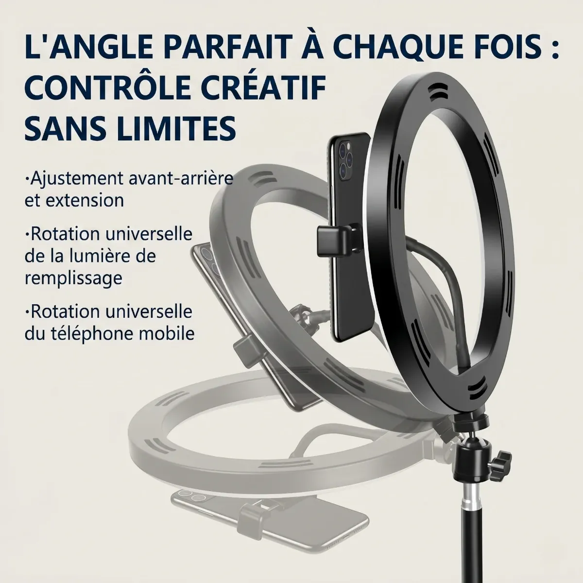 Ajustement multidirectionnel et rotation à 360 degrés du Trépied Téléphone HaloDesk