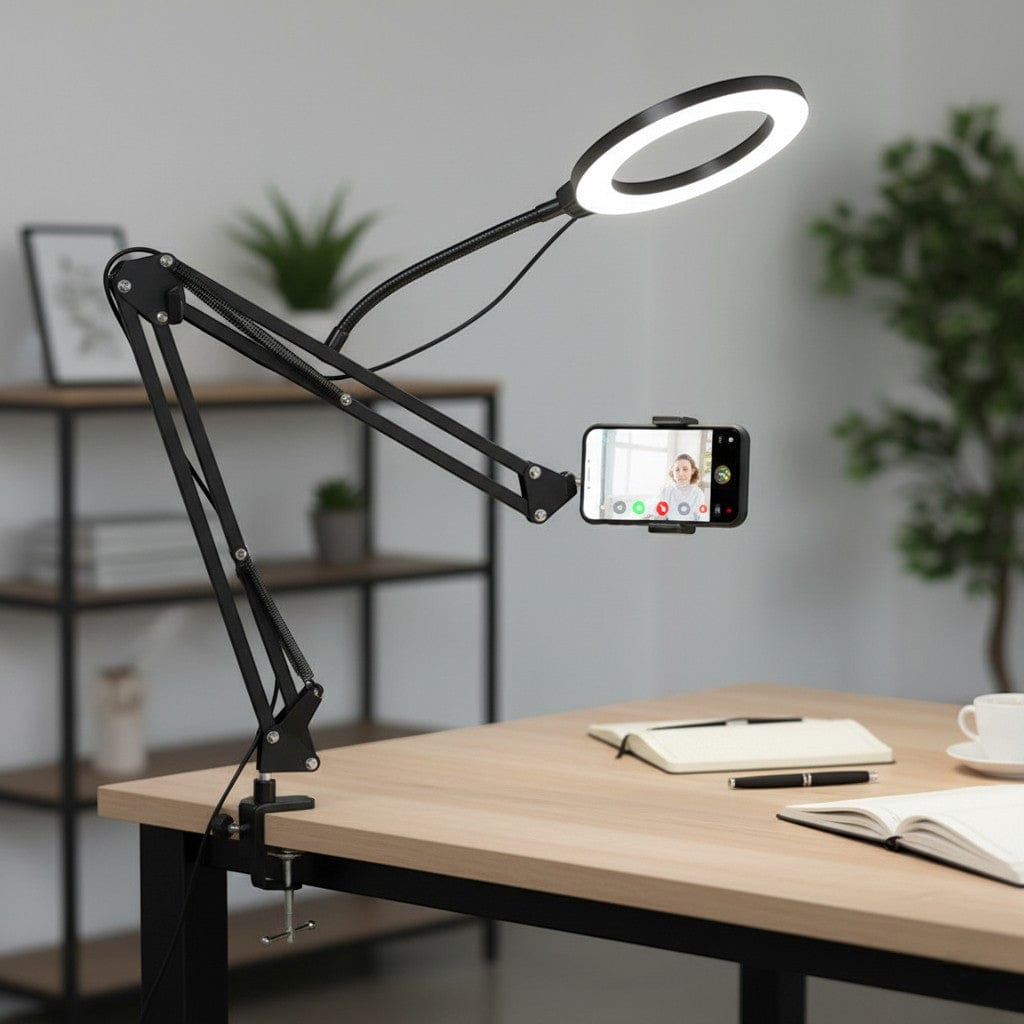 Trépied Téléphone Overhead avec Éclairage Annulaire - Support Bureau Articulé pour Smartphone
