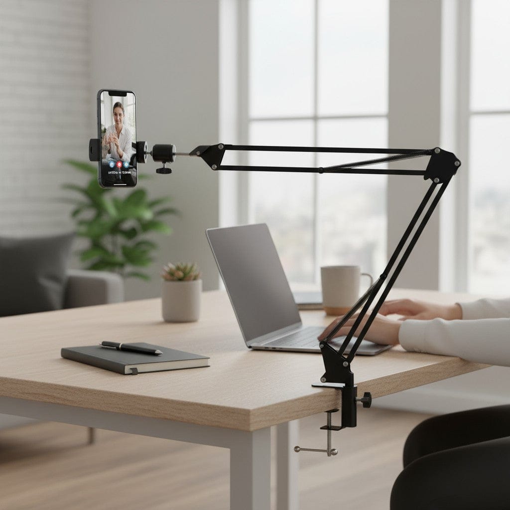 Trépied Téléphone Overhead avec Éclairage Annulaire - Support Bureau Articulé pour Smartphone