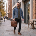 Twinora porte-documents homme tenu à la main par un homme marchant en ville. Style business casual, sac ordi professionnel.