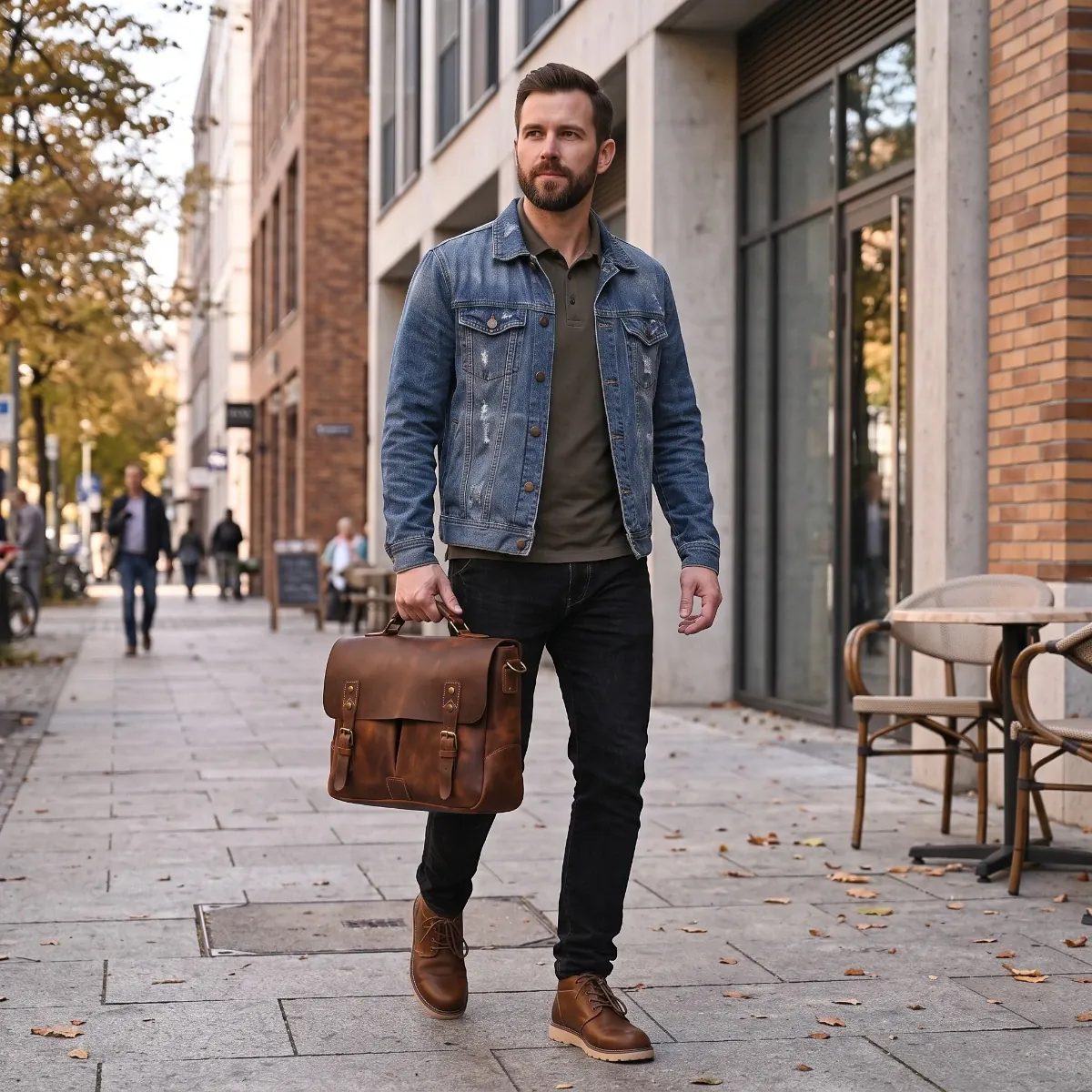 Twinora porte-documents homme tenu à la main par un homme marchant en ville. Style business casual, sac ordi professionnel.