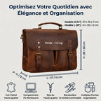 Diagramme technique du Twinora porte-documents homme : dimensions M (14") et L (16"), poids 1.5kg, cuir patiné. Sac ordinateur de qualité.