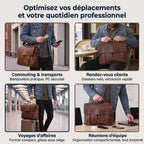 Collage lifestyle montrant l'utilisation du Twinora porte-documents homme : commuting, voyages, réunions. Alternative au sac à dos ordinateur.