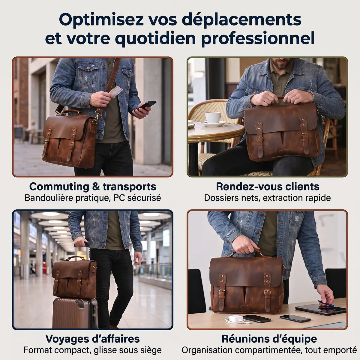 Collage lifestyle montrant l'utilisation du Twinora porte-documents homme : commuting, voyages, réunions. Alternative au sac à dos ordinateur.
