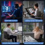 Scénarios d'utilisation du Spinal Axis pour le gaming, le design et le télétravail pour une posture "clutch" et sans douleur.