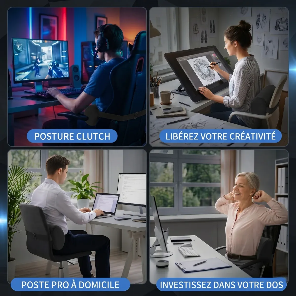 Scénarios d'utilisation du Spinal Axis pour le gaming, le design et le télétravail pour une posture "clutch" et sans douleur.