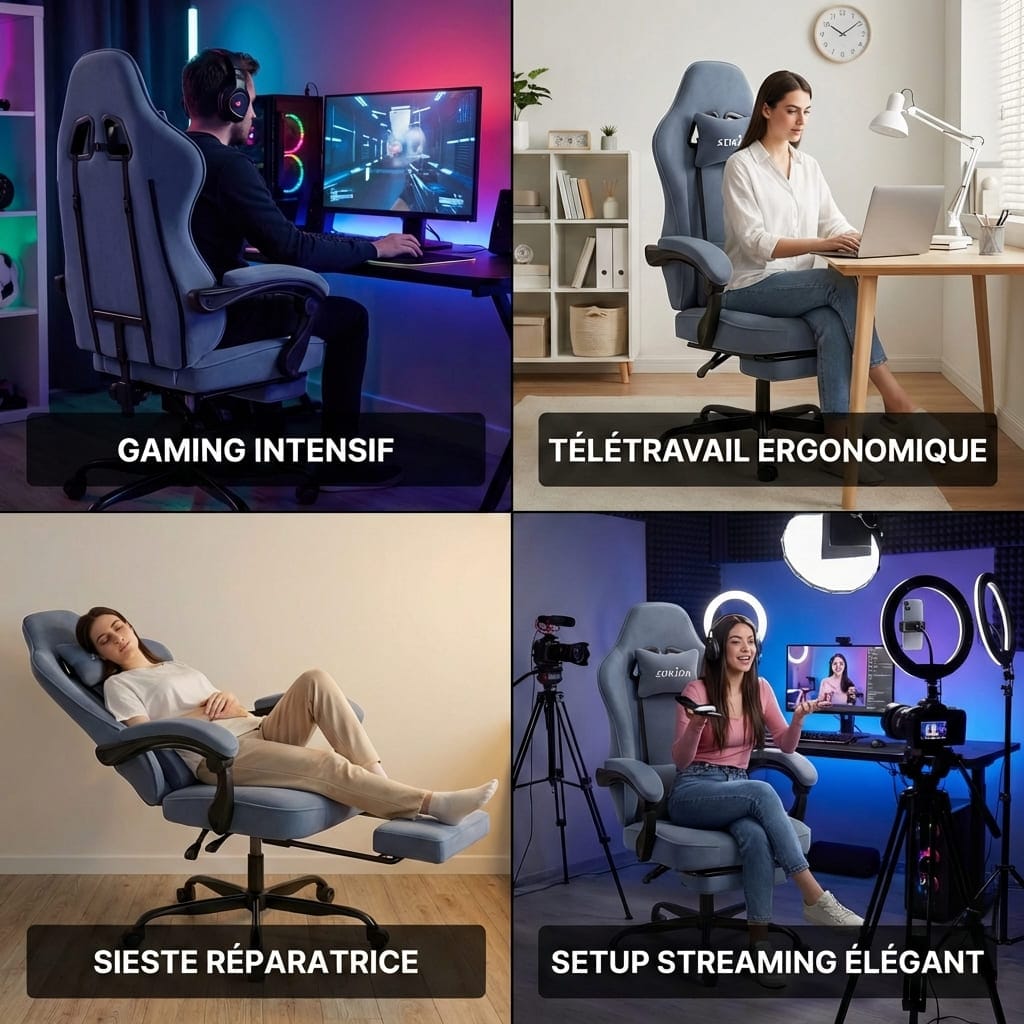 Quatre situations d'utilisation : gaming, télétravail, sieste et streaming avec la chaise SUKIDA.