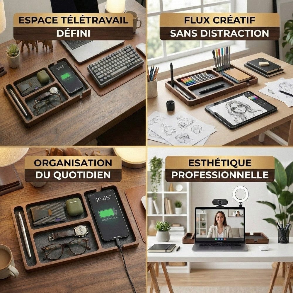 Exemples d'utilisation de l'organisateur de bureau OAKLY pour le télétravail, le dessin et l'organisation quotidienne.