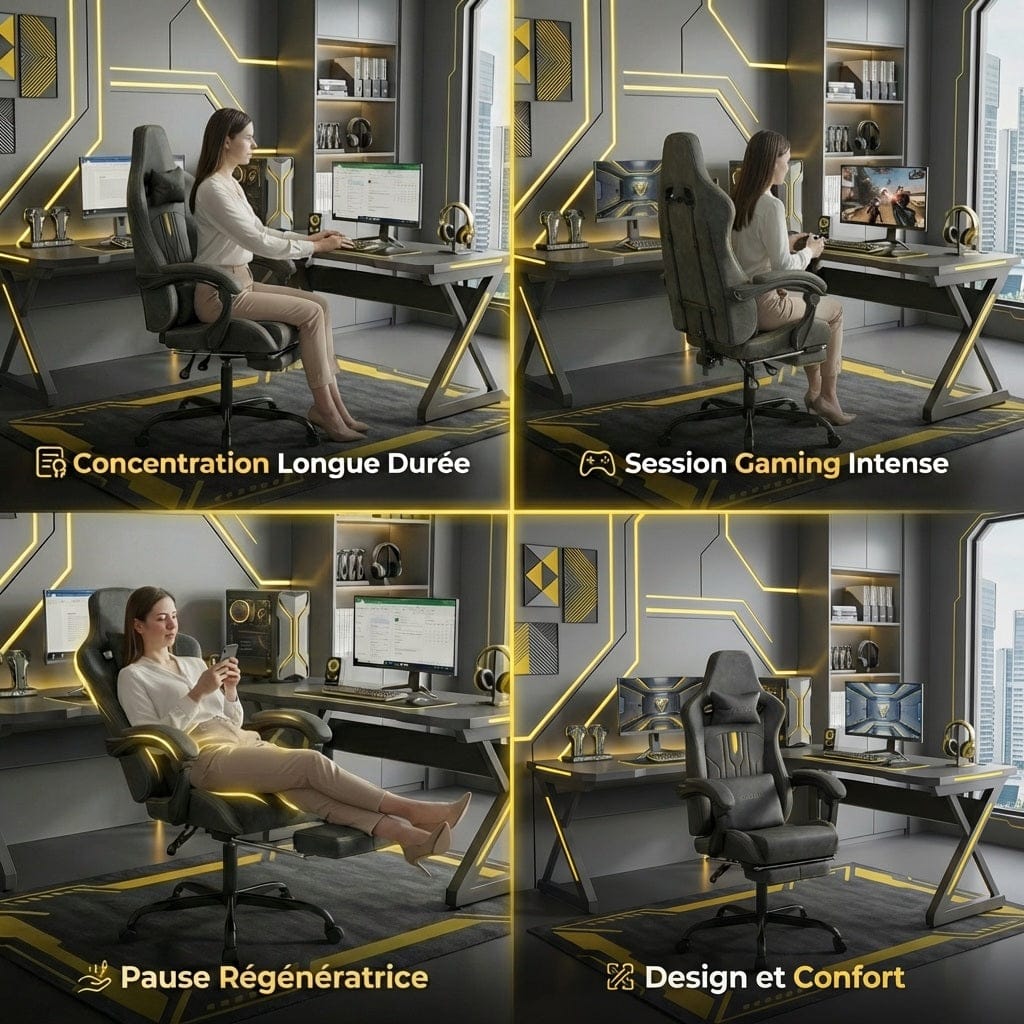 Quatre situations d'utilisation de la Chaise Ergonomique OMEGA-VIBE : concentration, gaming, pause et design.