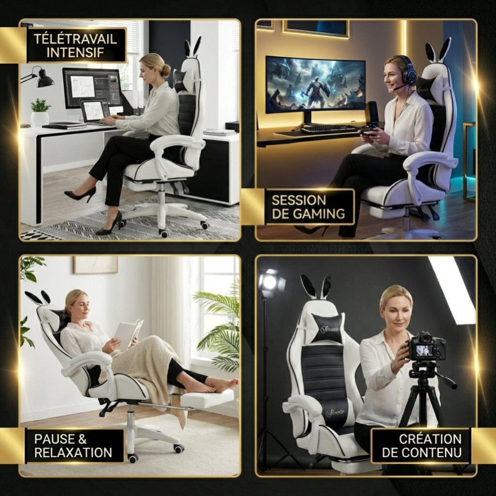 Guide d'utilisation de la chaise BunnyComfort pour le gaming, le télétravail et la relaxation.