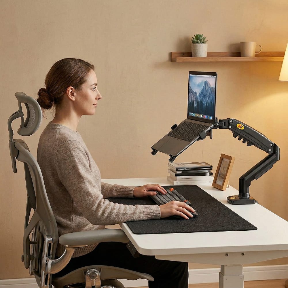 Femme travaillant confortablement sur un ordinateur portable surélevé par le bras articulé NB Elite Air-Flow.