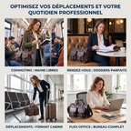 Collage lifestyle montrant le porte-documents Bastion porté par une femme en commuting (sac ordinateur femme) et rendez-vous client (sac ordi femme).