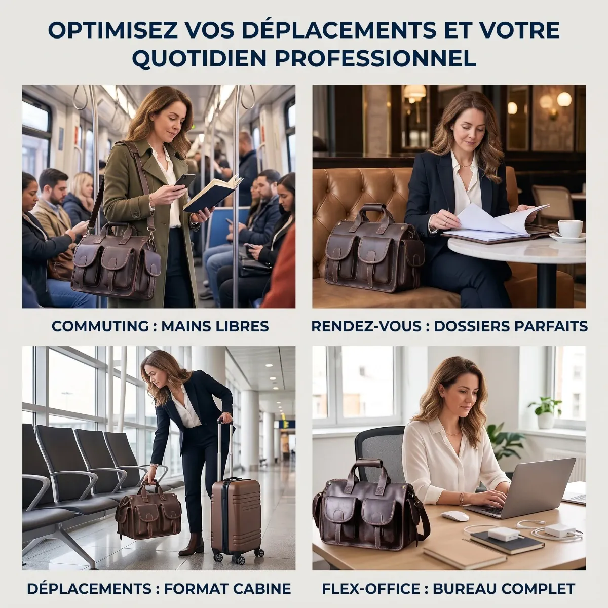 Collage lifestyle montrant le porte-documents Bastion porté par une femme en commuting (sac ordinateur femme) et rendez-vous client (sac ordi femme).