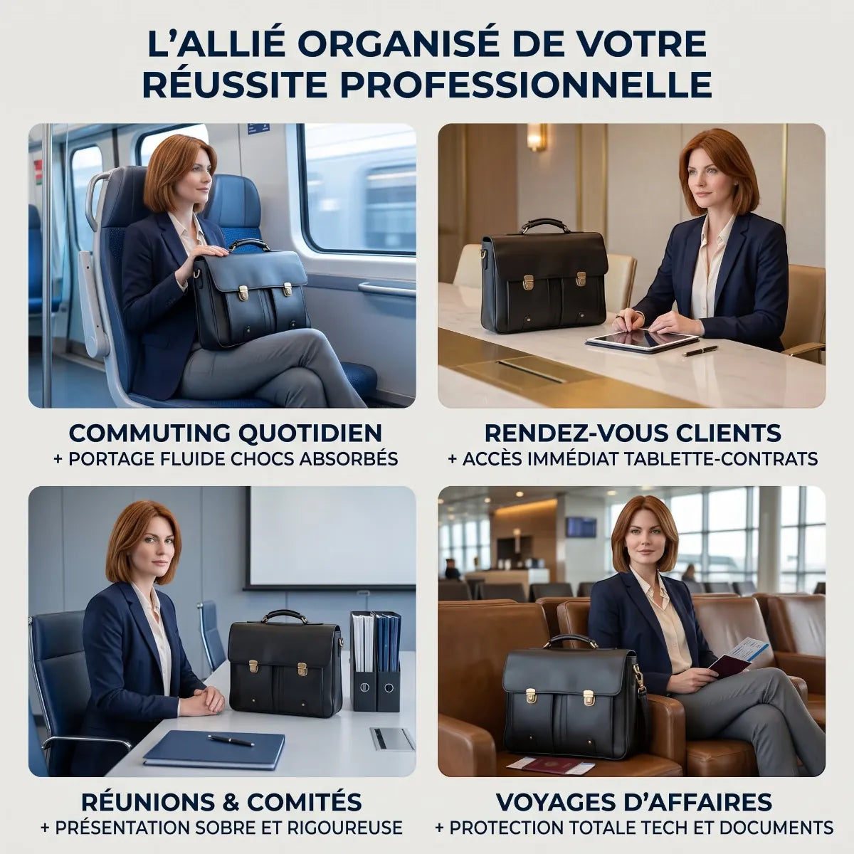 Le porte-documents femme Grainton au quotidien : commuting, réunions et voyages d'affaires. Fini le sac à dos ordi, place à l'élégance professionnelle.