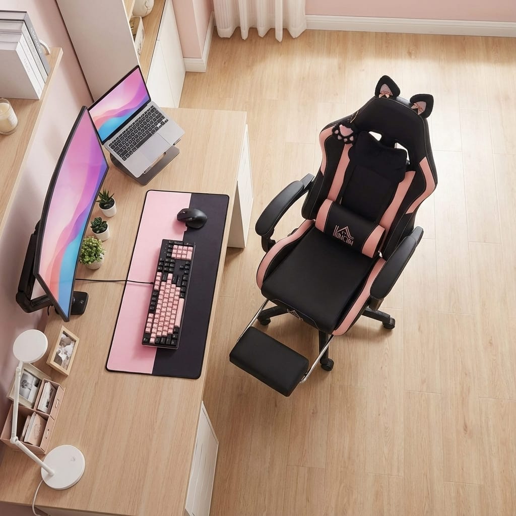 Vue de dessus du fauteuil de bureau gaming montrant l'assise large et le repose-pieds étendu.