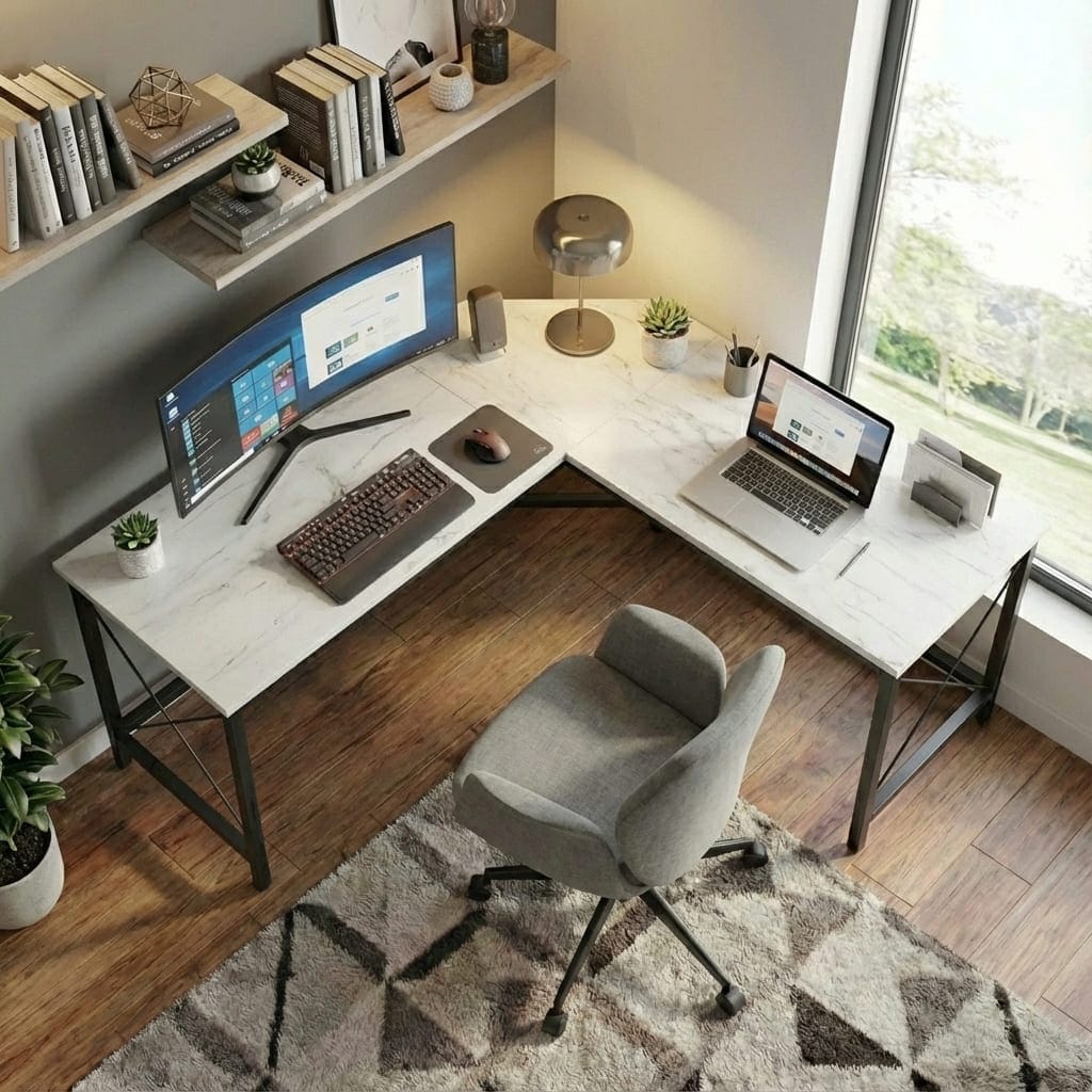 Vue de dessus d'un bureau d'angle en L blanc et noir montrant l'espace généreux du plateau. Le setup inclut un écran ultra-large, un laptop et des accessoires de bureau dans un angle optimisé.