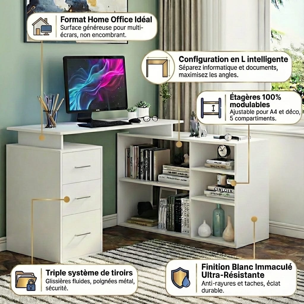 Vue d'ensemble du bureau d'angle blanc en L en situation de télétravail, avec infographies soulignant ses atouts : format idéal, étagères modulables, triple tiroir et finition résistante