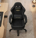 Vue de face complète de la chaise ergonomique GTPLAYER en tissu noir avec ses coussins.