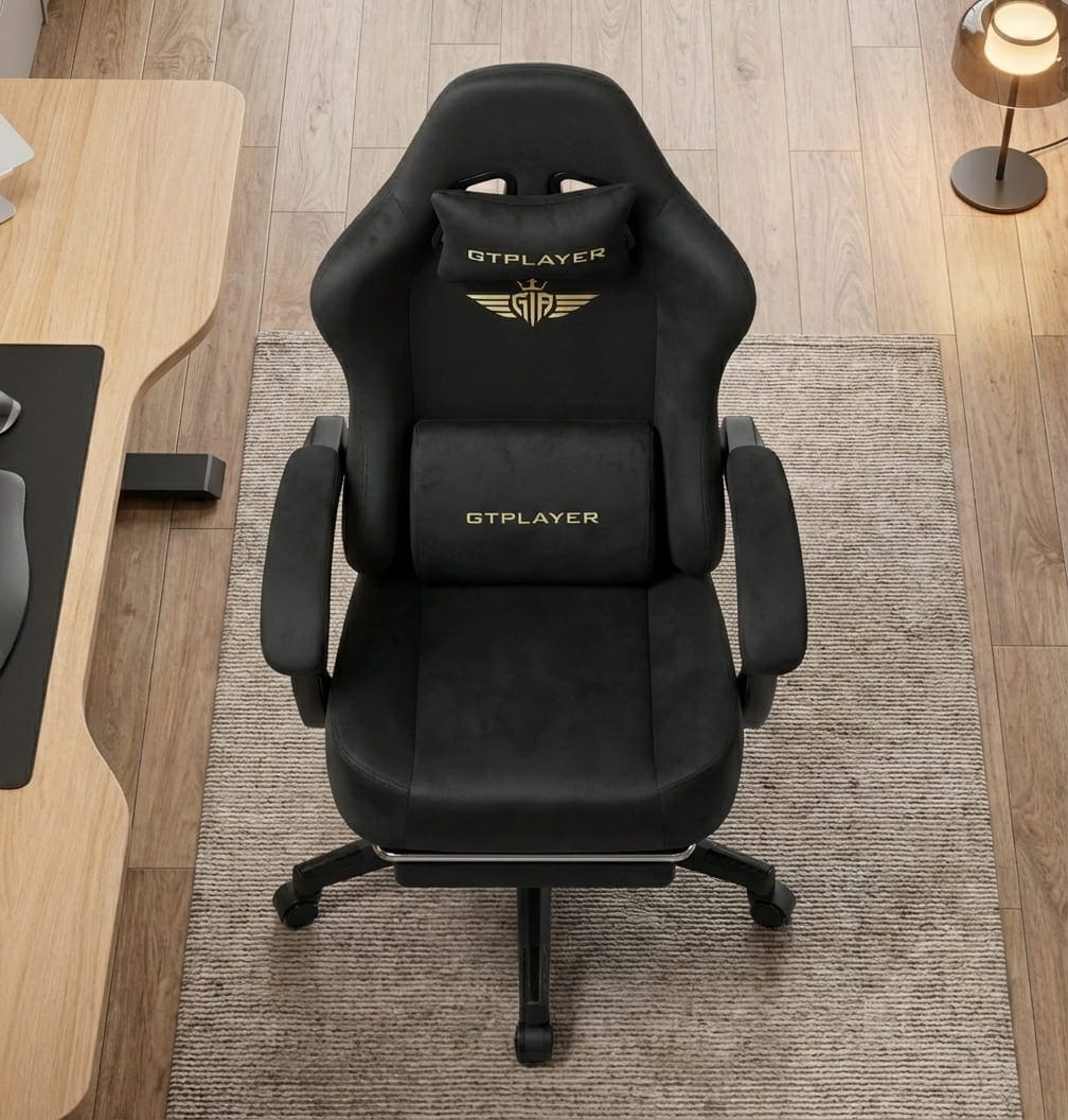 Vue de face complète de la chaise ergonomique GTPLAYER en tissu noir avec ses coussins.