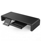 Vue isométrique isolée du support d'écran Steel-Flex avec son tiroir de rangement discret et son support de téléphone déployés.