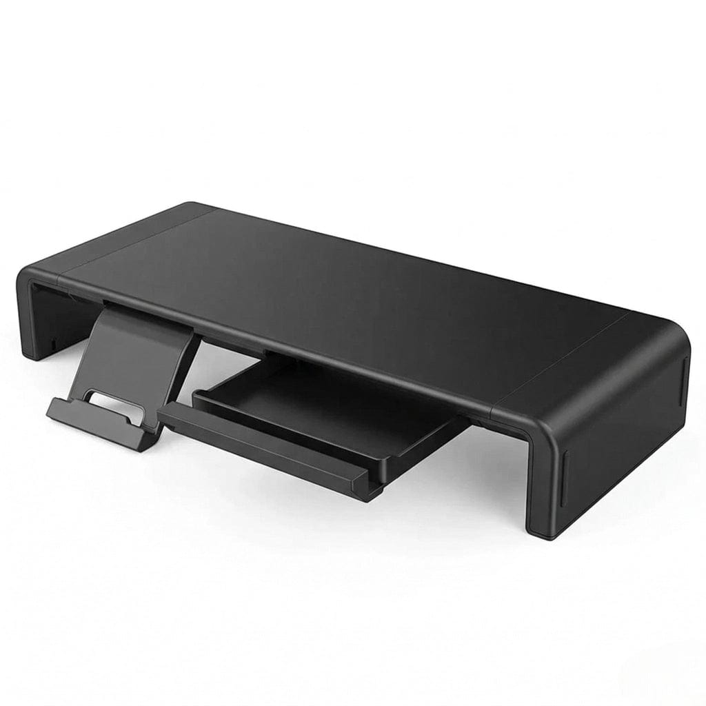 Vue isométrique isolée du support d'écran Steel-Flex avec son tiroir de rangement discret et son support de téléphone déployés.