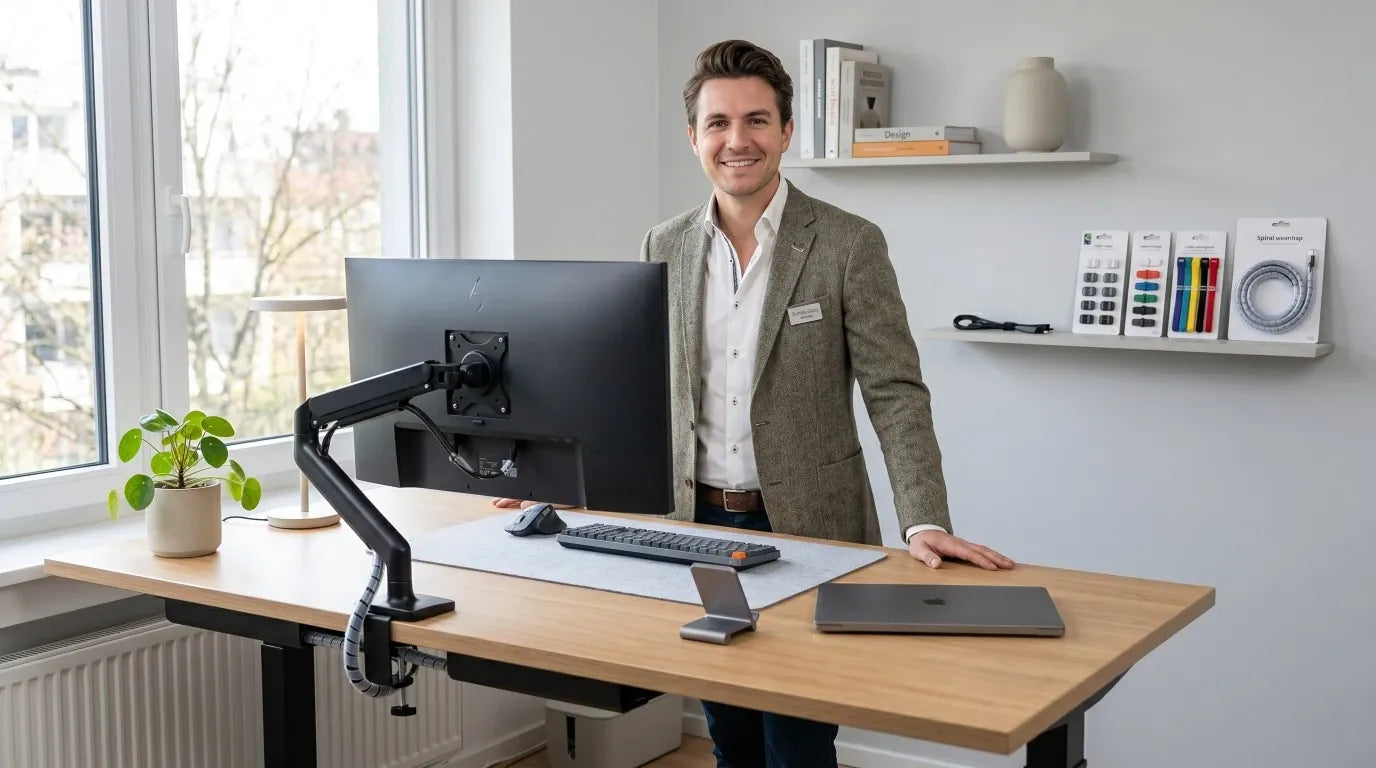 Thomas, expert en ergonomie Bureau Cosy, présentant un bureau assis-debout parfaitement ordonné grâce à des solutions de gestion de câbles.
