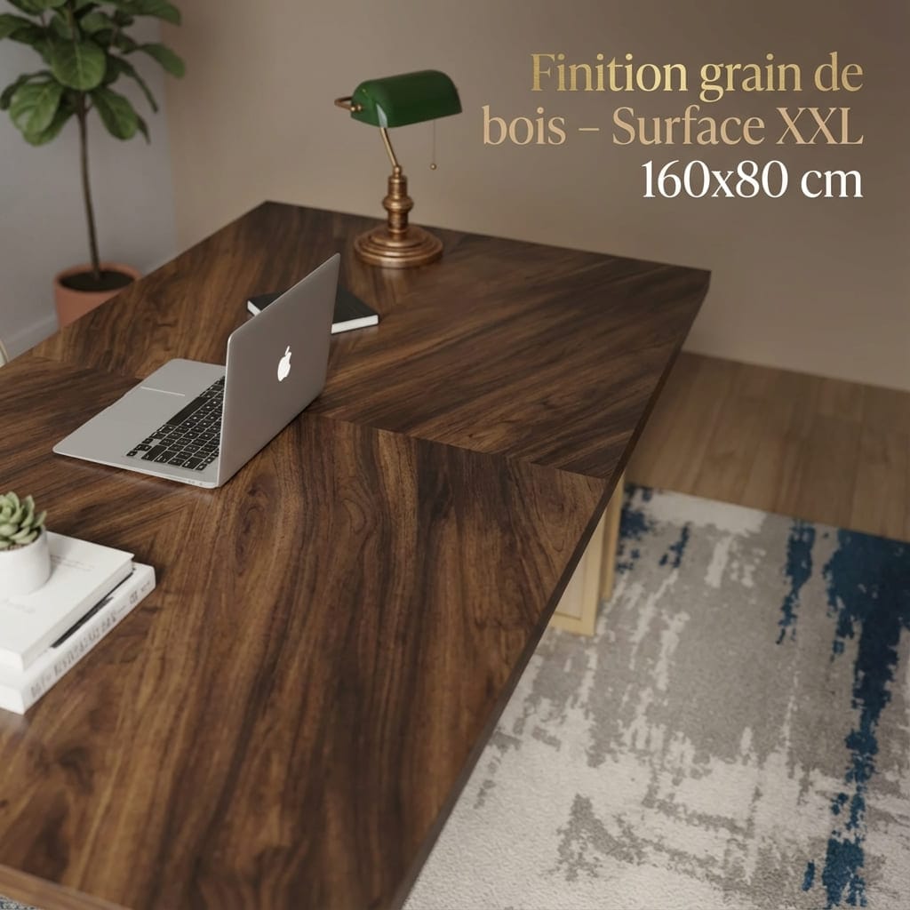 Gros plan en angle sur le plateau d'un bureau XXL de 160x80 cm avec une finition grain de bois sombre et texturée, montrant un ordinateur portable et une lampe de bureau sur une surface de travail spacieuse et élégante