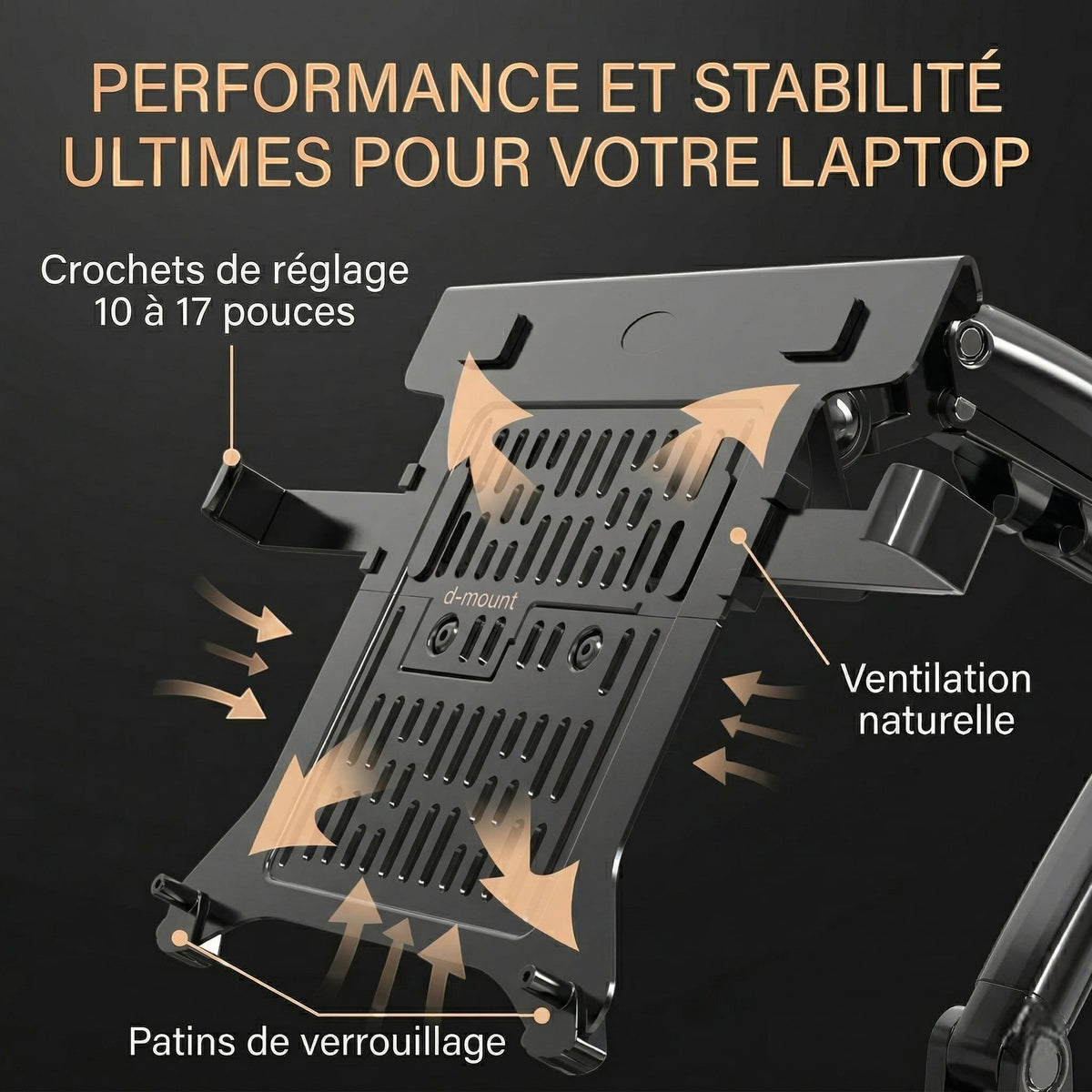 Détail du plateau ventilé en acier carbone du support NB Elite montrant les crochets de réglage 10 à 17 pouces.