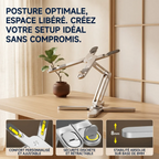 Mise en scène du socle PC Bureau Cosy avec zooms techniques sur le confort ajustable, la sécurité rétractable et la base stable de 8 mm.