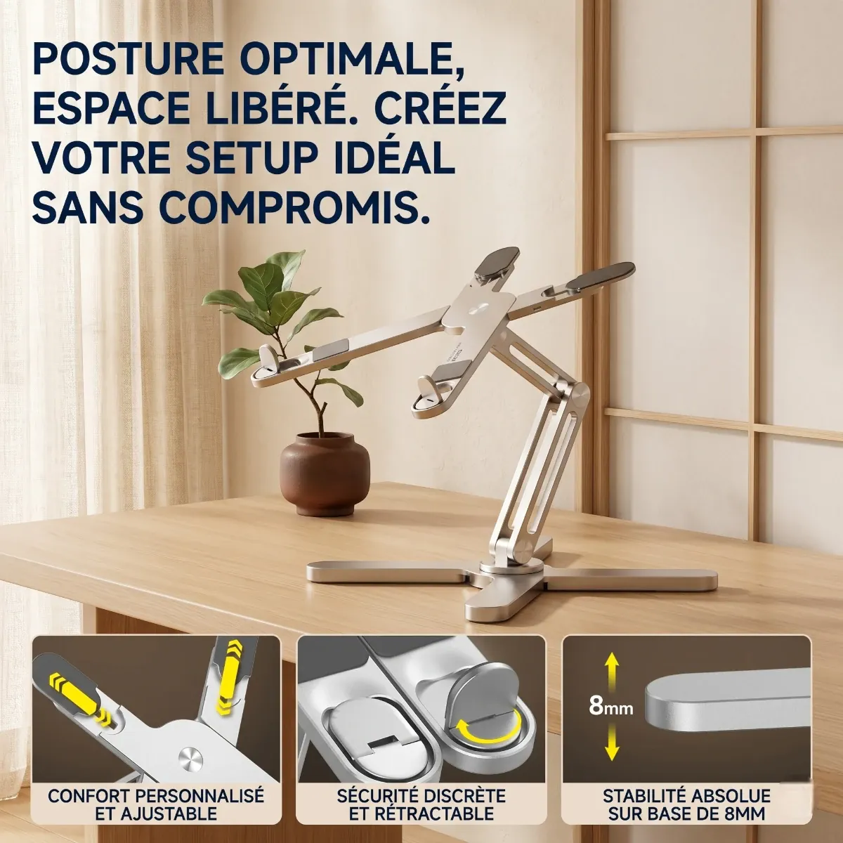 Mise en scène du socle PC Bureau Cosy avec zooms techniques sur le confort ajustable, la sécurité rétractable et la base stable de 8 mm.